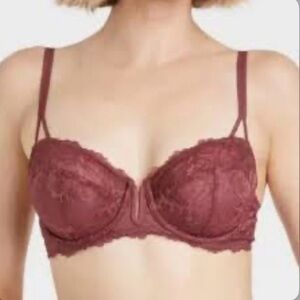 Auden Unlined Balconette Coverage Underwire Bra sheer floral lace Sz 34DD NEW